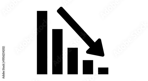 A declining bar graph with a downward trending arrow illustrating a decrease in statistics and data analysis
