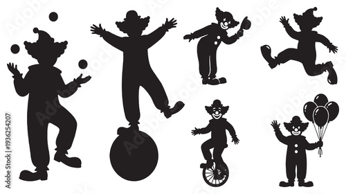 Collection of Silhouettes of Clowns Performing Various Acts Such as Juggling and Riding a Unicycle.