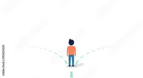 A person standing on a path looking ahead with possible directions to choose from