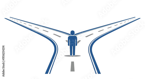 A person standing on a median strip between two diverging roads with dashed lines and blue road markings viewed from directly above