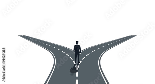 A businessman stands at a crossroads on a highway, contemplating his next move on a long, straight road.