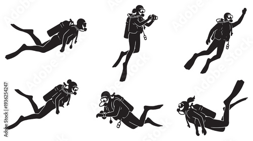 Set of six black silhouette illustrations of scuba divers in various underwater poses against a white background.