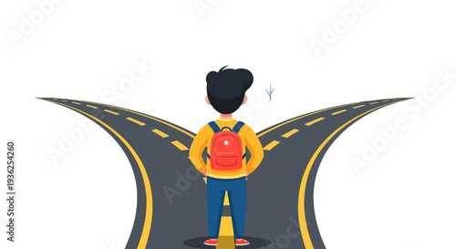 A young traveler standing at a fork in the road contemplating the path ahead with a backpack in hand
