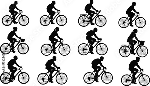 Cyclist silhouette vector illustration, diverse people riding bicycles in various poses with accessories for design, logo, tattoo, art