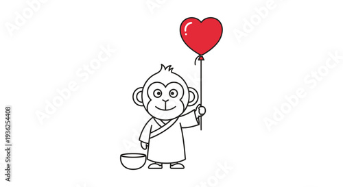 Young monkey holding red heart shaped balloon
