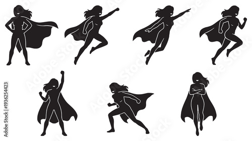 Collection of diverse superheroine silhouettes in dynamic action poses, showcasing strength and power.