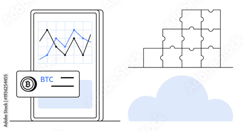 Cryptocurrency concept. Cryptocurrency trends on a mobile screen with Bitcoin BTC symbol, puzzle blocks blockchain, and cloud data storage. For fintech, blockchain, trading platforms, data