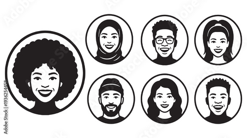 Diverse group of people represented by simple black and white avatar icons in circles, showcasing variety in ethnicity and style.