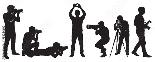 Silhouettes of photographers capturing moments with cameras in various poses, illustrating the art of photography.