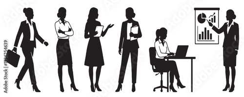 Collection of businesswomen silhouettes in various professional poses, illustrating teamwork, presentation, and office work.