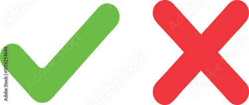 Green Check Mark and Red Cross Mark Icon Set, Rounded Vector on Transparent Background