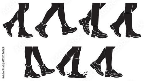 Collection of Silhouettes of Women's Legs Wearing Different Types of Footwear and Boots.