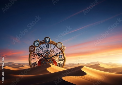 A dreamlike desert scene featuring a monumental clock emerging from golden sand dunes, symbolizing the abstract nature of time and space, desert, natural world, timeless