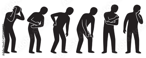 Silhouettes of people experiencing various types of pain and discomfort, illustrating common ailments.