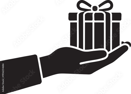 Hand Holding Gift Box Icon, Present Giving Silhouette, Isolated Transparent Background