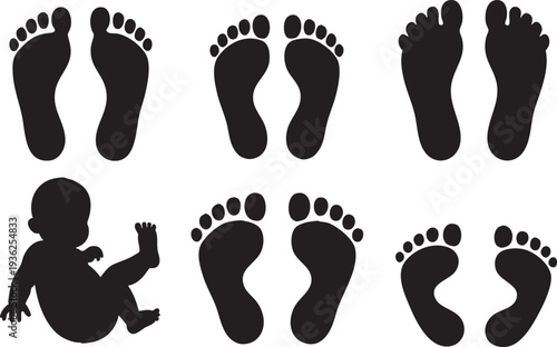 Human Footprints and Baby Silhouette Set, Barefoot Tracks, Transparent Background