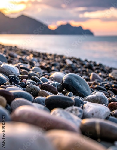 Wallpaper Mural Low-angle view of a pebble beach at sunset. Smooth, colorful stones fill the foreground with ocean and mountains in the background Torontodigital.ca