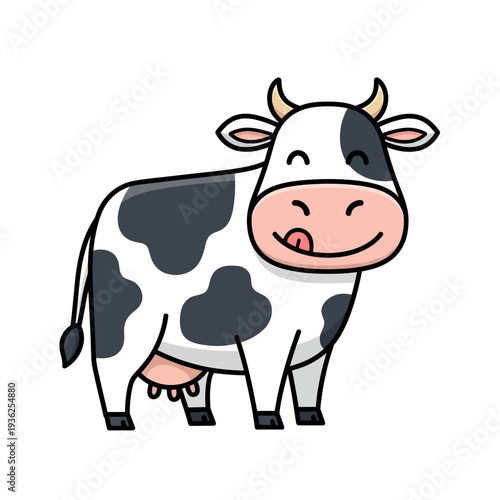 Cute cartoon cow licking its lips with a happy expression, black and white spots