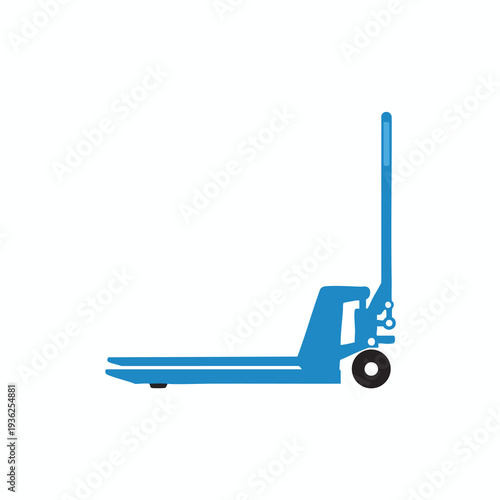 Close up of a modern blue hand pallet truck used for material handling and logistics in warehouses