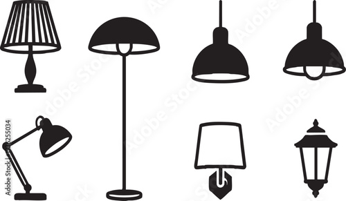 Lamp and Lighting Icon Set Black Silhouette Isolated on Transparent Background