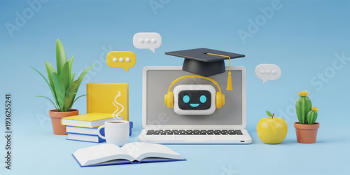 AI Learning Assistant on Laptop with Graduation Cap, Books and Study Materials, Artificial Intelligence Education and Online E Learning Concept Illustration