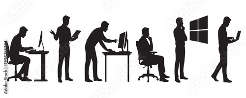 Evolution of technology and work from early computers to modern laptops and digital interfaces.