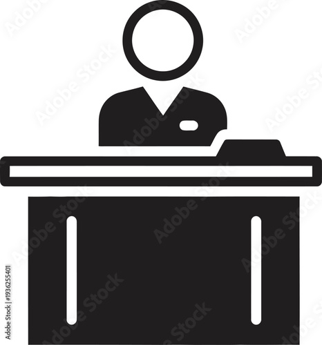 Receptionist figure stands behind information desk to help