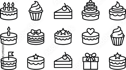 Set of 16 black line icons of cakes, cupcakes and desserts