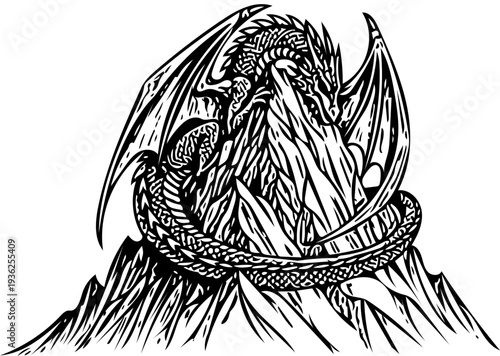 A majestic dragon wraps around a rocky mountain peak, illustration, close-up view