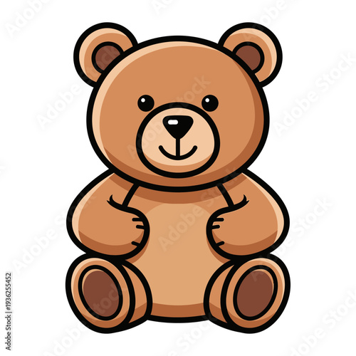 Cute cartoon teddy bear illustration, sitting, friendly expression, brown fur, isolated on white background