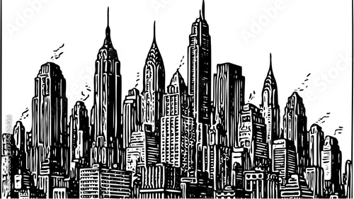 Urban cityscape illustration featuring skyscrapers and buildings in a black and white drawing from a frontal viewpoint showcasing architecture