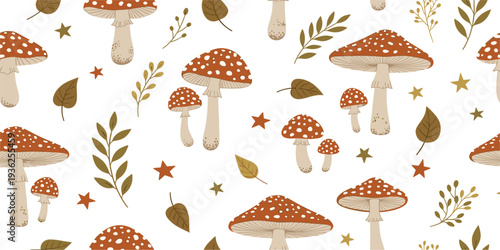 Autumn Mushroom Seamless Pattern with Amanita Toadstools, Falling Leaves, and Botanical Elements for Nature Inspired Textile and Decorative Design