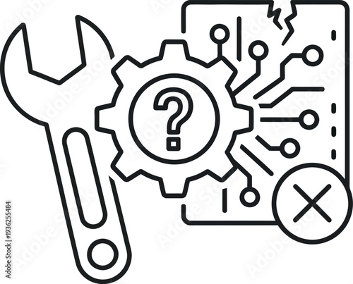 Technical troubleshooting icon with wrench and circuit board