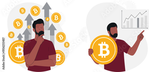 Bitcoin Investment Concept Illustration with Cryptocurrency Coins, Rising Market Graph, and Investor Holding Bitcoin Symbol for Digital Finance and Crypto Trading