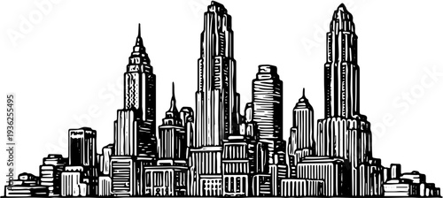 Urban landscape illustration featuring skyscrapers, buildings, cityscape, architecture, metropolis from a distant viewpoint