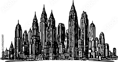 Panoramic cityscape illustration featuring skyscrapers, architecture, urban, buildings, and metropolis in a detailed black and white drawing from a distant viewpoint