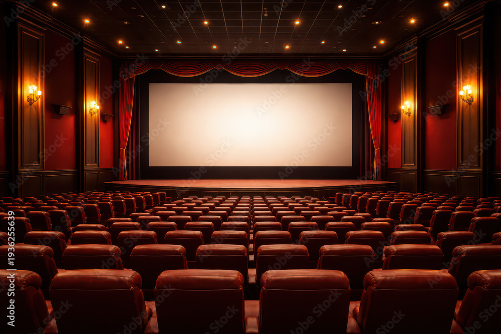 Fototapeta premium Empty cinema hall with red velvet seats and a large screen.