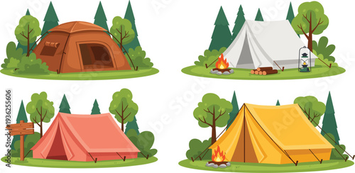 Camping Tent Set with Campfire, Lantern, and Forest Landscape Outdoor Adventure Vector Illustration Collection for Travel, Hiking, Summer Camp, and Nature Exploration