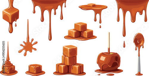Caramel Sauce and Candy Elements Vector Set with Dripping Caramel, Caramel Cubes, Apple Candy, and Sweet Dessert Topping Illustrations