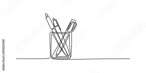 Continuous line drawing of pens and markers in a glass holder on a white background.