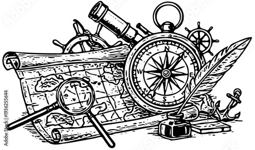 Vintage Navigation Tools, Compass, Map, and Accessories, Exploration Illustration, Antique Objects, Detailed Drawing