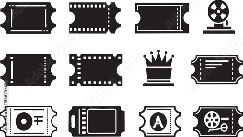 Movie Ticket and Event Pass Silhouette Icons Isolated on Transparent Background
