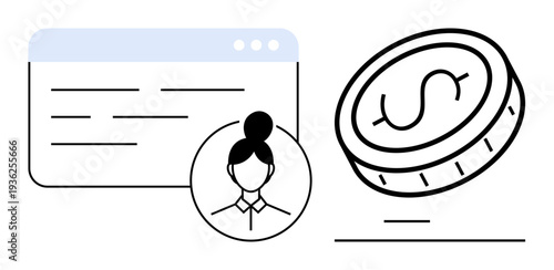 Digital economy, finance management, online identity, transaction security, profile settings, user data. A coin next to a user icon and webpage. Digital economy and finance management illustrated