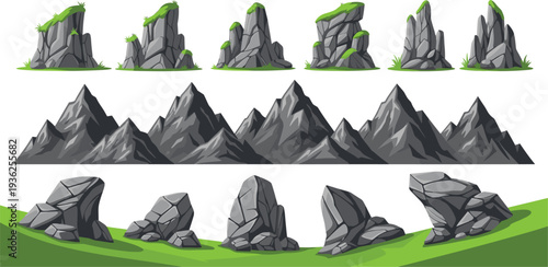 Cartoon Mountain and Rock Formation Vector Set with Cliff Stones, Rocky Landscape Elements, and Nature Terrain Illustrations for Game Background Design