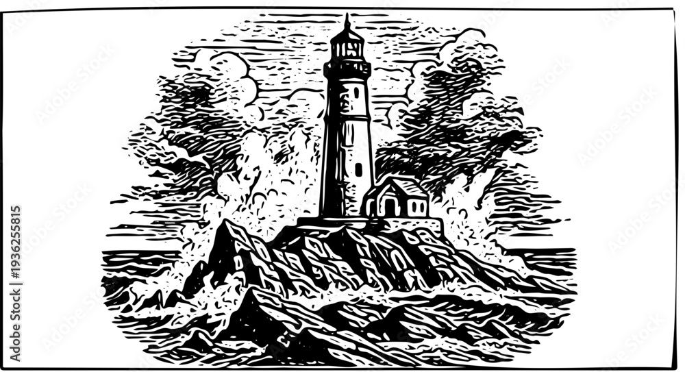 Fototapeta premium A serene illustration of a lighthouse standing on rocky cliffs surrounded by waves and cloudy skies