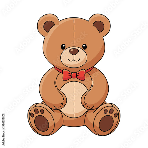 Cute Brown Teddy Bear with Red Bow Tie, Isolated on White Background