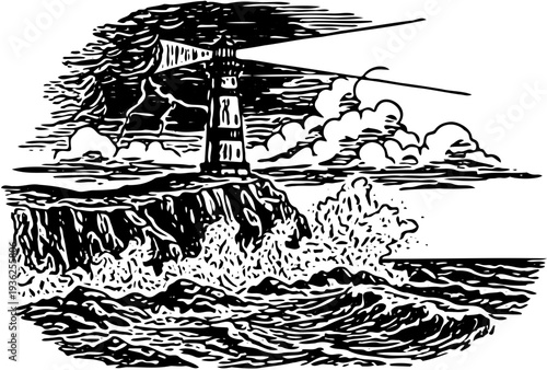 A serene lighthouse stands tall on a rocky cliff amidst crashing waves and cloudy skies in a dramatic illustration
