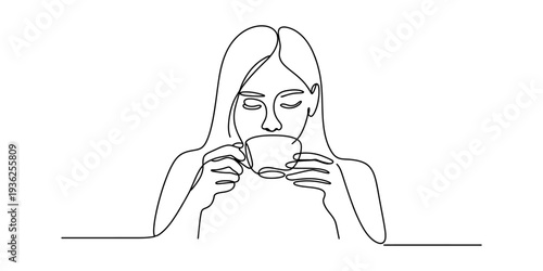 A minimalist single line drawing of a young woman enjoying a cup of hot tea or coffee Vector, illustration