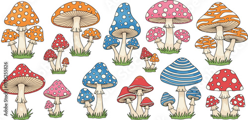Colorful Cartoon Mushroom Collection with Spotted and Patterned Toadstools Growing in Grass Cute Fantasy Fungi Vector Illustration Set for Nature, Forest, and Kids Design