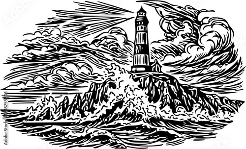 Lighthouse standing tall amidst turbulent waves and stormy clouds, viewed from a rocky shoreline